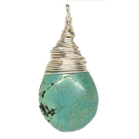 Silver Wrapped Turquoise Teardrop Pendant