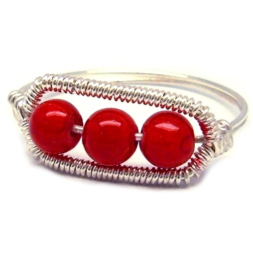 Red Coral and Silver Wire Ring - Custom Size Available