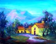 "The Mission" Los Olivos Calif Landscape Oil Painting by Listed Artist Acosta