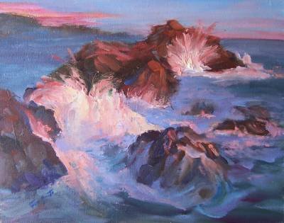 "Quiet Sunset With A Bang!" Seascapes Oil Painting by Listed California Artist Impressionism
