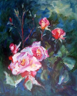 "A Rose Garden" Floral Oil Painting by Listed Calif Artist Impressionism
