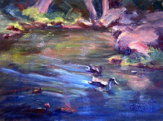 SALE: "Duckies" Original landscape pond Calif oil painting list Acosta artist