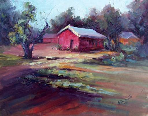 "The Farm" An original plein air landscape oil by winning colorest Geri Acosta