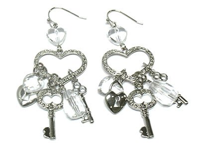 Juicy Couture Inspired Crystal Key Heart Lock Dangle Earrings