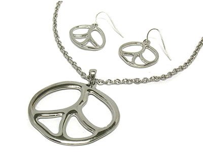 Metal Silver Peace Necklace and Earring set