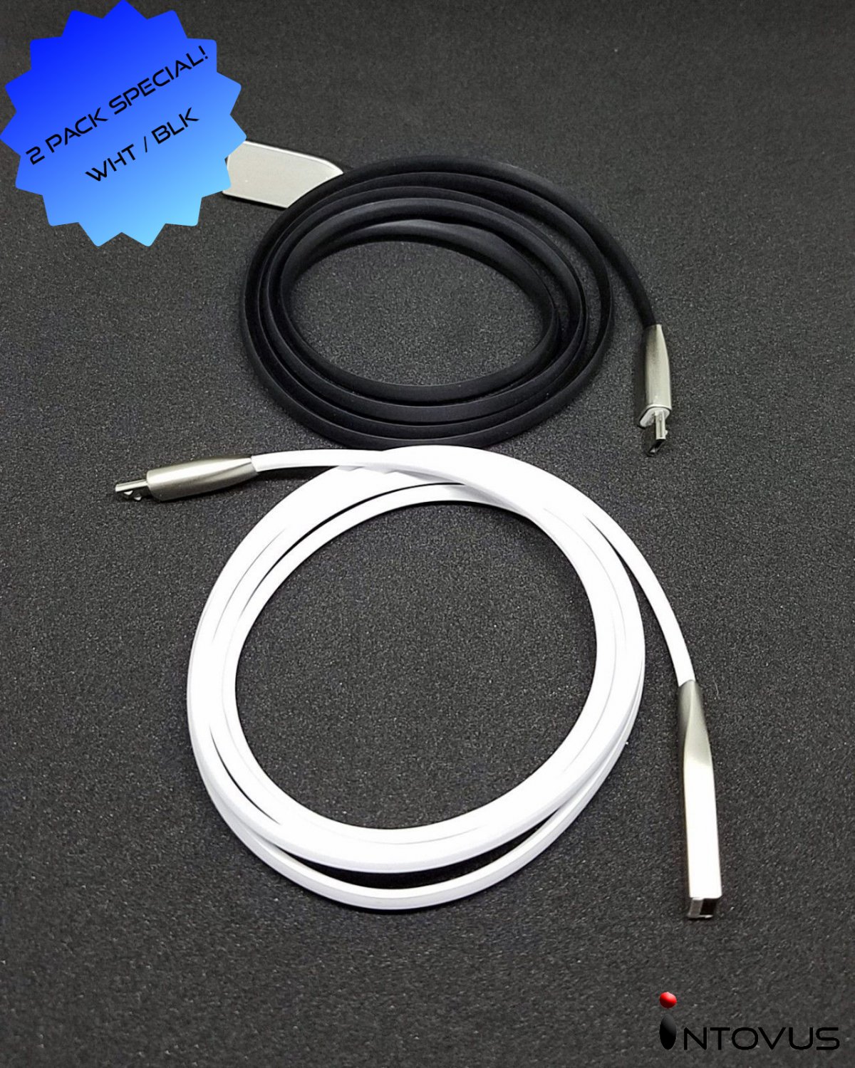 Intovus - Ultra Tough High Quality Mobile Android USB to microUSB Cable -- 2 pk blk/wht