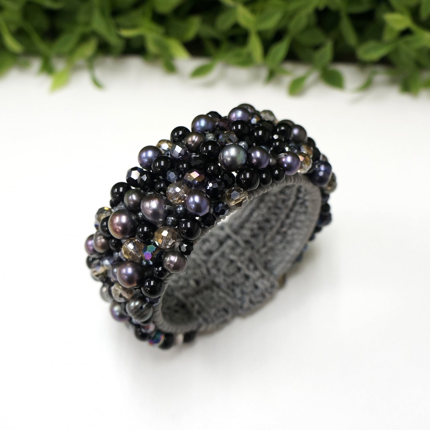 Black freshwater pearl bangle with crystal bead on wax cotton thread