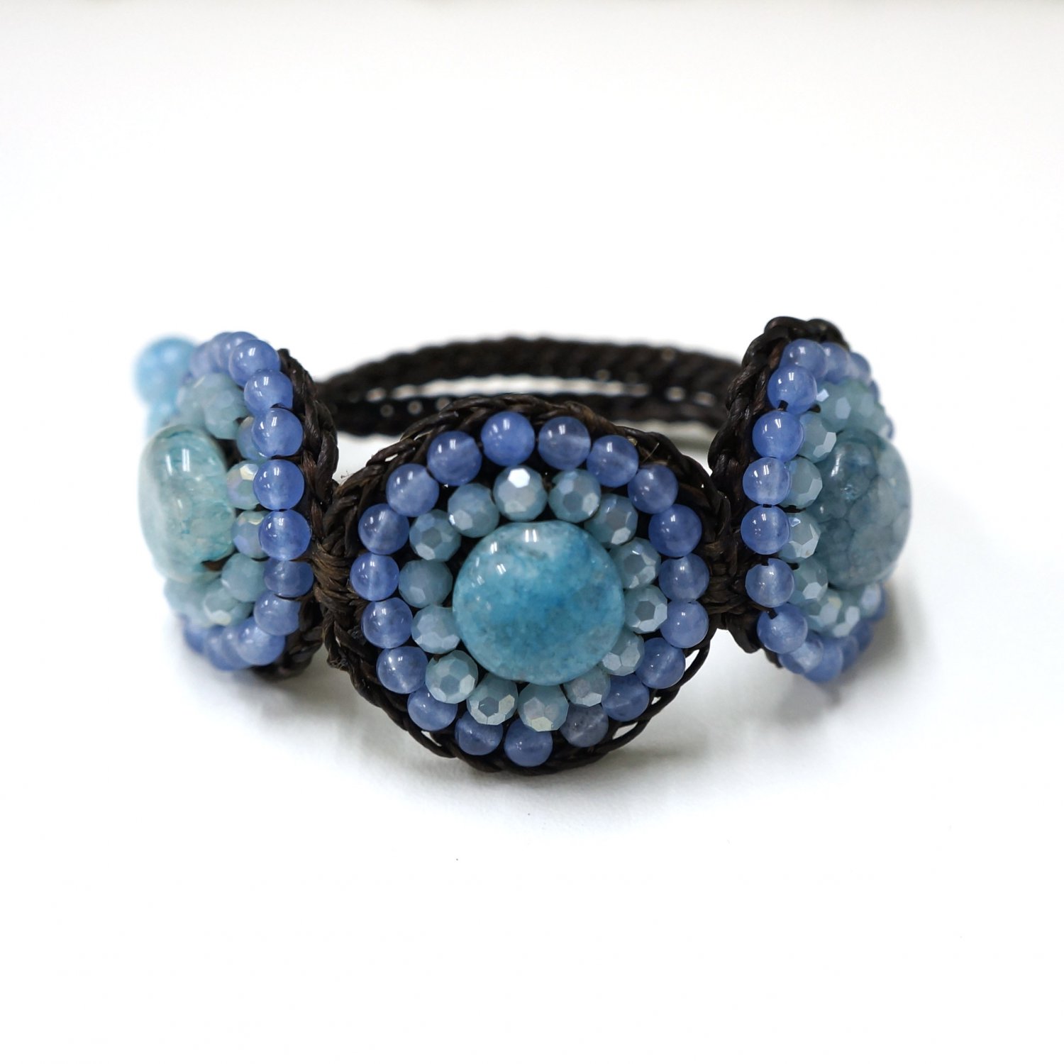 Waxed cotton bracelet with bead and crystal (Blue)