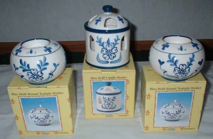Blue Delft China 3 PC Candle Holder Lot Set CL2