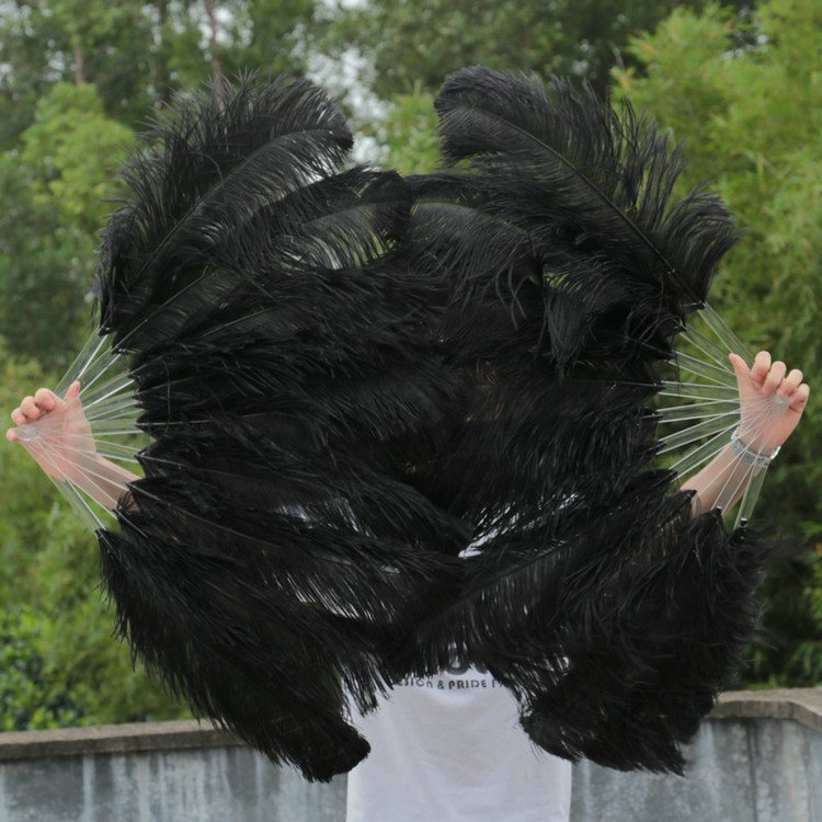 A pair Black Single-layer Ostrich Feather fan 24"x41" burlesque dancer