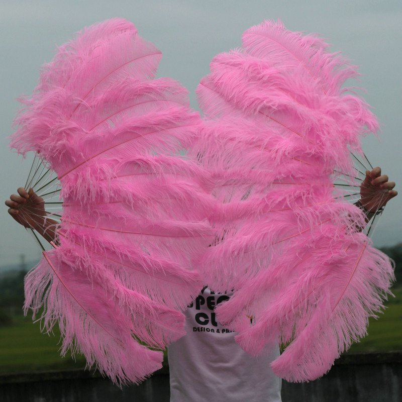 A pair Pink Single-layer Ostrich Feather fan 24"x41" burlesque dancer