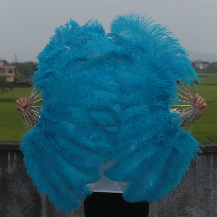 A pair Blue Single-layer large Ostrich Feather fan 24"x41" burlesque dancer