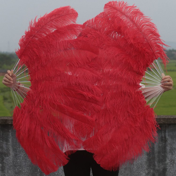 A pair Red Single-layer large Ostrich Feather fan 24"x41" burlesque dancer