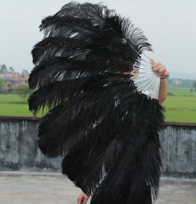 Black Double Layers Large Ostrich Feather Fan Burlesque dancer friends 30"x 54"