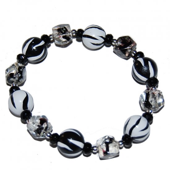 Handpainted Zebra Adult Stretch Bracelet Black and White Combo