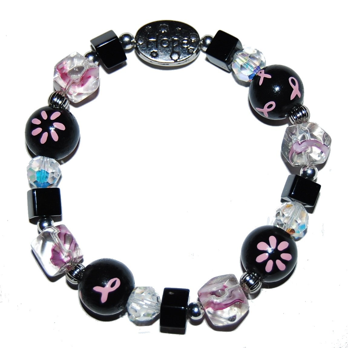 Hand-painted Pink & Black Ribbon Breast Cancer Awareness Stretch Bracelet