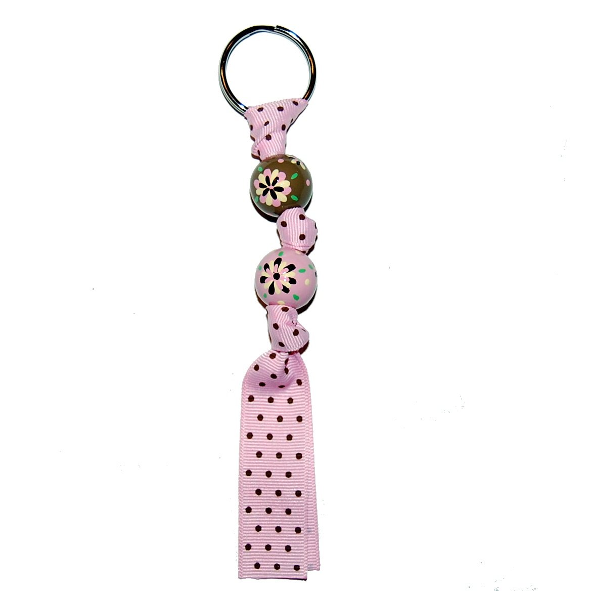 Handpainted Retro Brown & Pink Flower Grosgrain Ribbon Keychain