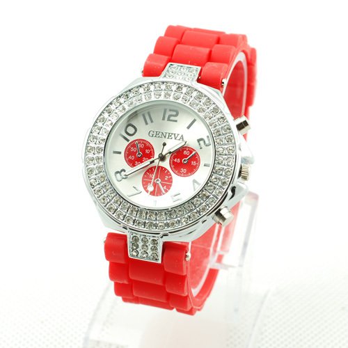 GENEVA WATCH RED W/CRYSTAL RUBBER SILICONE BAND