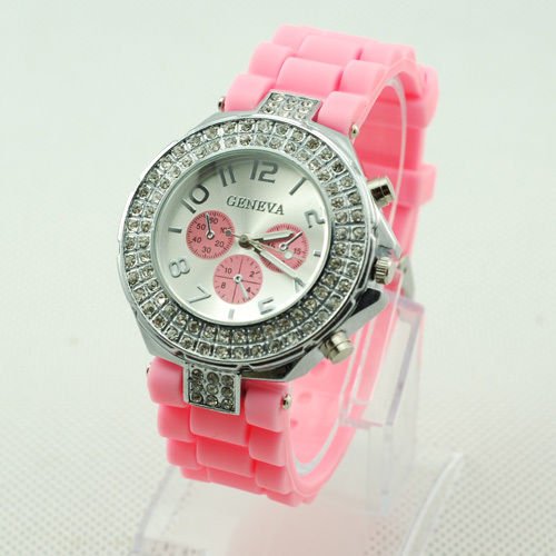 GENEVA WATCH PINK W/CRYSTAL RUBBER SILICONE BAND