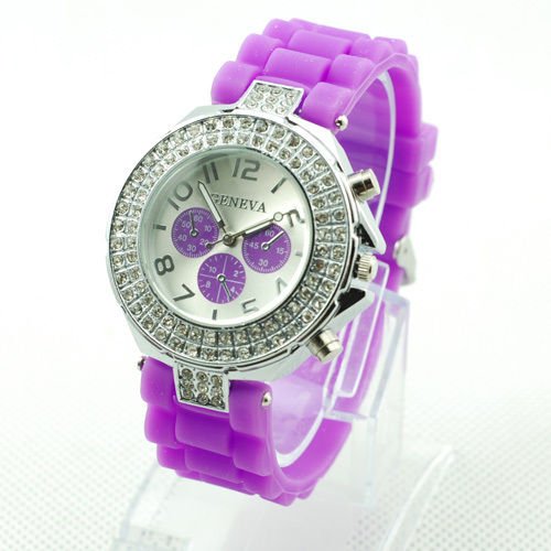 GENEVA WATCH PURPLE W/CRYSTAL RUBBER SILICONE BAND