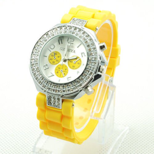 GENEVA WATCH YELLOW W/CRYSTAL RUBBER SILICONE BAND