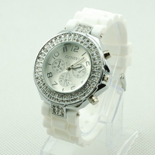 GENEVA WATCH WHITE W/CRYSTAL RUBBER SILICONE BAND