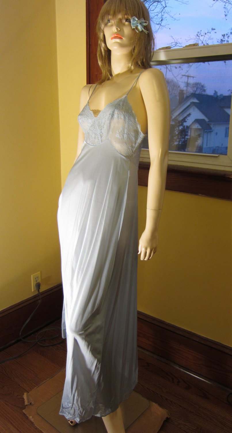 Vintage 70s Vanity Fair Sheer Lace Bust Sky Blue Slinky Nylon Nightgown