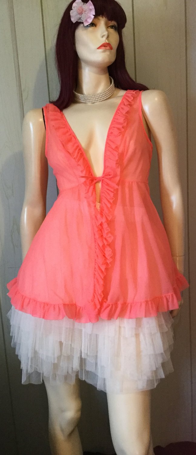 Vintage Mod S Neon Peachy Ruffle Sheer Chiffon Double Nylon Babydoll