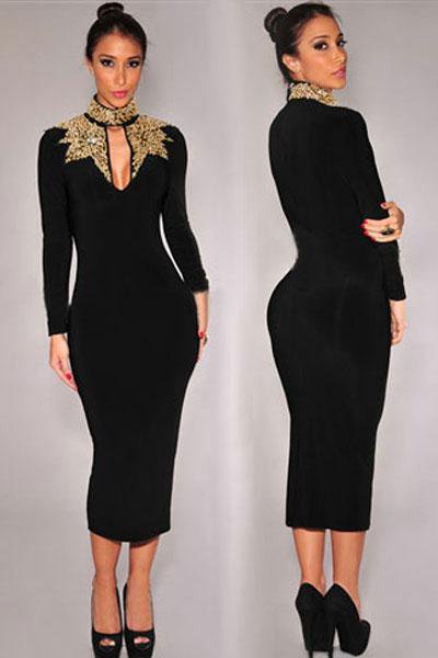 Black Gold Sequin Dress Fashion Dress Sexy Runway Dress Crew Neck Dress W841208