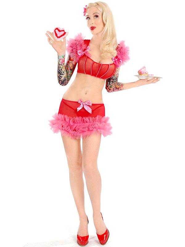 Christmas Pink Floral Ruffle Hot Sexy Mesh Fashion Women Santa Costume Lingerie W850817