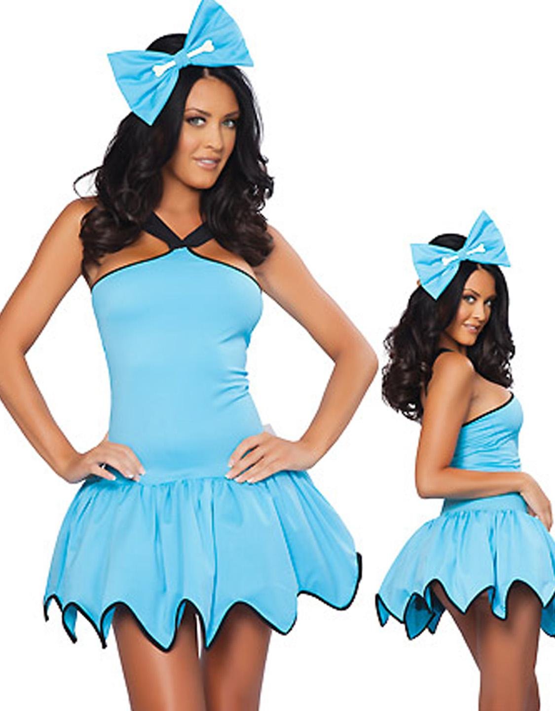 Carnival Fancy Dress Sleeveless Solid Blue Gear Hem Costume with Big Handband W292710