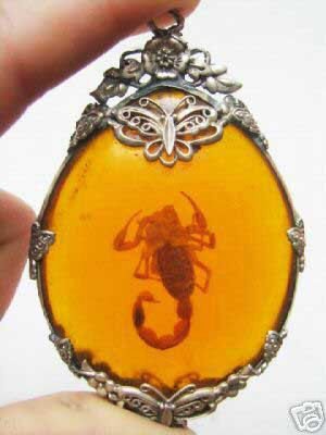 Genuine Tibetan Silver Amber Scorpion Pendant Necklace
