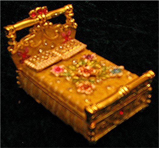 Jeweled Gold Bed Hinged Trinket Jewelry Box Bejeweled