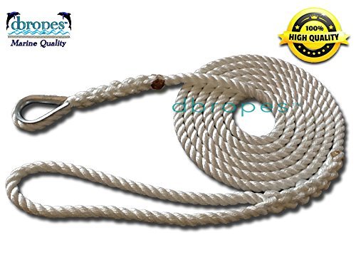 1/2" X 12' Three Strand Mooring Line 100% Nylon Rope with Thimble. (Tensile Strength 6700 Lbs.)
