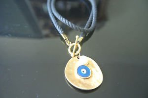 No Stone Designer Inspired Deep Blue Gold Plated Evil Eye Black Leather Pendant