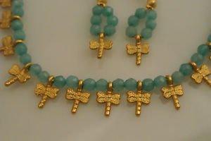 AQUAMARINE 8K BEADED GOLD PLATED DRAGON FLY DESIGNER SET HURREM SULTAN'S STYLE