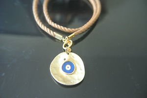 No Stone Designer Inspired Deep Blue Gold Plated Evil Eye Brown Leather Pendant