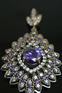 TURKISH VICTORIAN 925 STERLING SILVER 2 CT ROUND AMETHYST DANGLE COCTAIL PENDANT