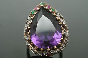 Turkish 5 Ct Pear Amethyst Vintage 925 Sterling Silver Size 8.5 Coctail Ring