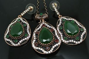 Turkish Costume Ottoman Victorian 4 Ct Pear Emerald Rhinestone Jewelery Set