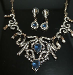 TURKISH VINTAGE COSTUME OTTOMAN SULTAN 2.5 CT SAPPHIRE RHINESTONE SILVER MIX SET