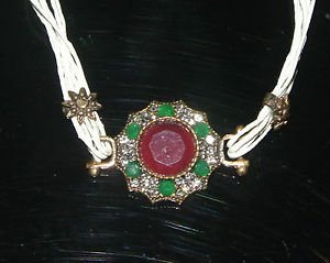 Nwot Turkish 3 Ct Ruby CZ Georgian Bronze Leather Cord Victorian Flower Bracelet