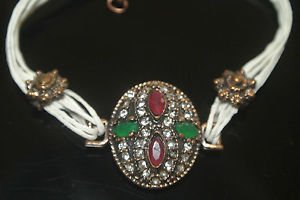 Turkish 0.5 Carat Emerald & Ruby Ottoman Bronze Charm Leather Cord Bracelet