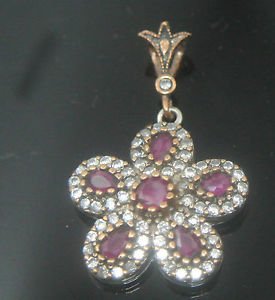 Ottoman Victorian Style 0.2 Carat Ruby 925 Silver Hurrem Flower Pendant