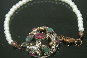 Turkish CZ 0.33 Carat Emerald & Ruby Victorian Style Pearl Cord Bronze Bracelet