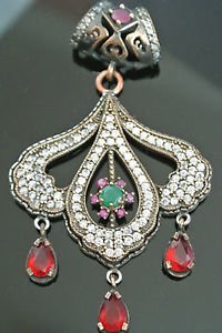 Ottoman Victorian Style 0.5 Carat Emerald 925 Sterling Silver Bohemian Pendant