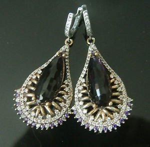 TURKISH VICTORIAN 925 STERLING SILVER 5 CT AMETHYST DANGLE PEACOCK EARRINGS