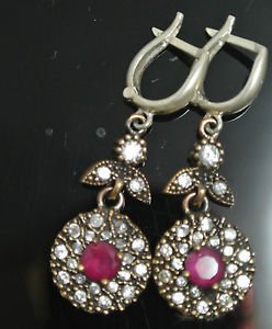 TURKISH OTTOMAN VICTORIAN STYLE 925 SILVER 0.50 CARAT RUBY CZ FLOWER EARINGS