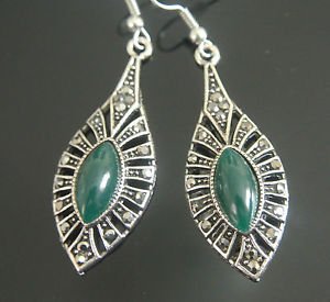 CLASSIC TURKISH OTTOMAN MARCASITE MARQUISE JADE EMBRODIREY DANGLE EARRINGS