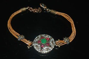 Nwot Turkish 0.5 Ct Emerald CZ Georgian Bronze Leather Cord David Star Bracelet